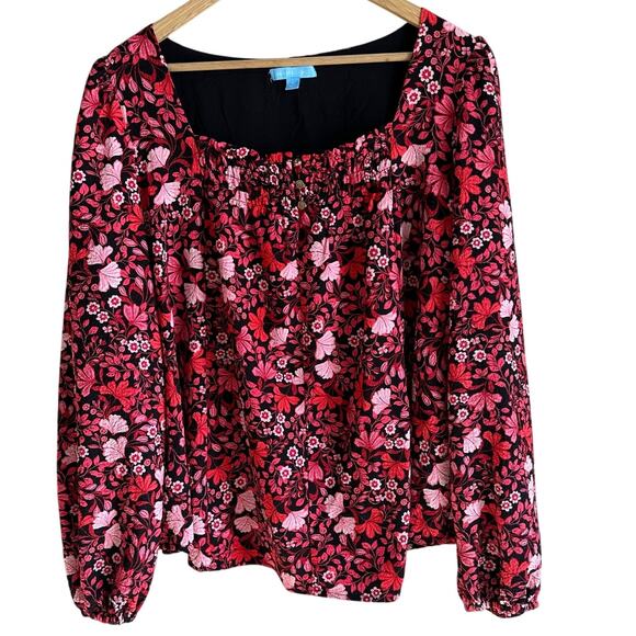 Draper James Allover Floral Print Long Sleeve Square Neck Top Red XL - Picture 2 of 13